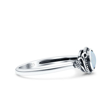 Filigree Petite Dainty Round Lab Created White Opal Promise Ring Band Oxidized 925 Sterling Silver